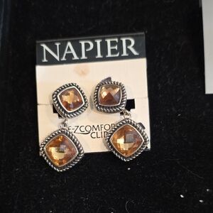Vintage Napier Clip-On Dangle Earrings Silver Tone Amber Topaz Crystal Rope NOS